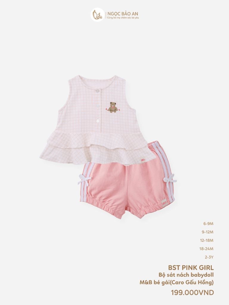 [M&B] BST PINK GIRL: Bộ sát nách babydoll caro gấu hồng