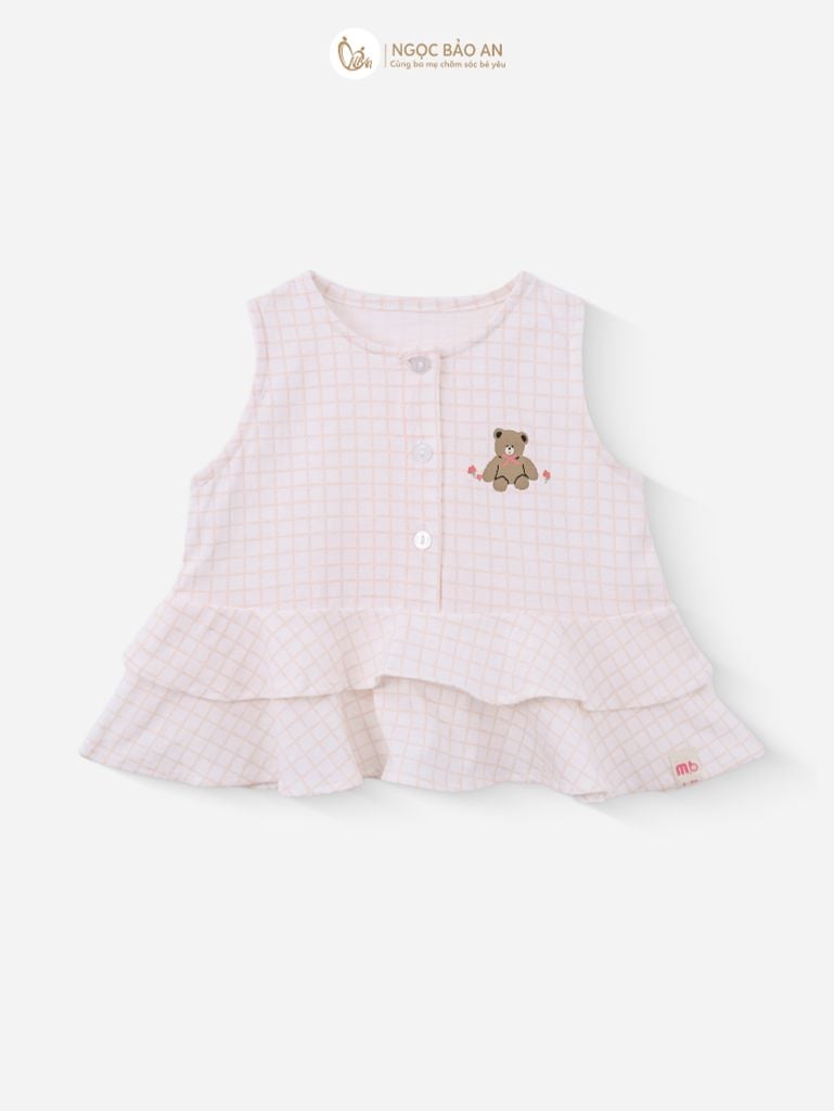 [M&B] BST PINK GIRL: Bộ sát nách babydoll caro gấu hồng