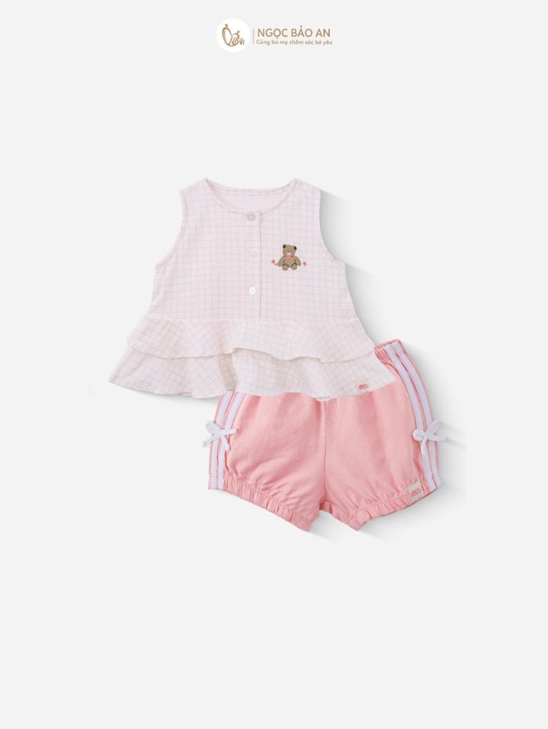 [M&B] BST PINK GIRL: Bộ sát nách babydoll caro gấu hồng
