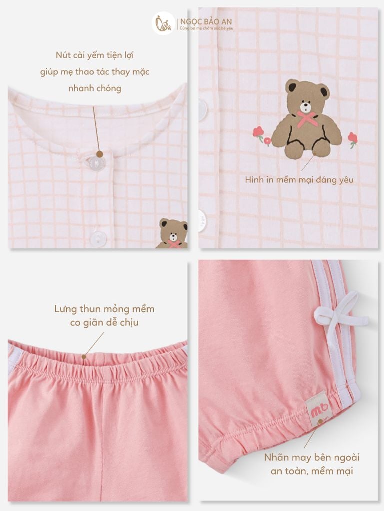[M&B] BST PINK GIRL: Bộ sát nách babydoll caro gấu hồng