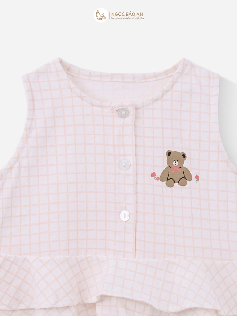 [M&B] BST PINK GIRL: Bộ sát nách babydoll caro gấu hồng