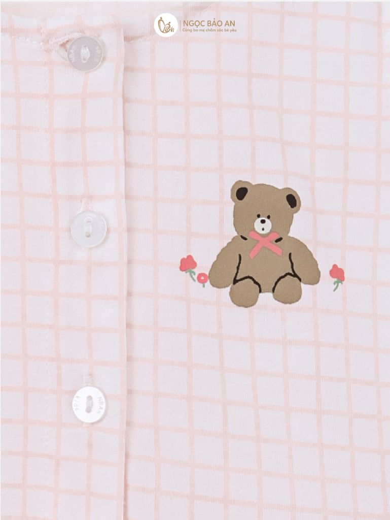 [M&B] BST PINK GIRL: Bộ sát nách babydoll caro gấu hồng