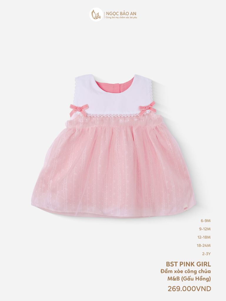 [M&B] BST Pink Girl: Đầm xoè công chúa cotton bé gái gấu hồng