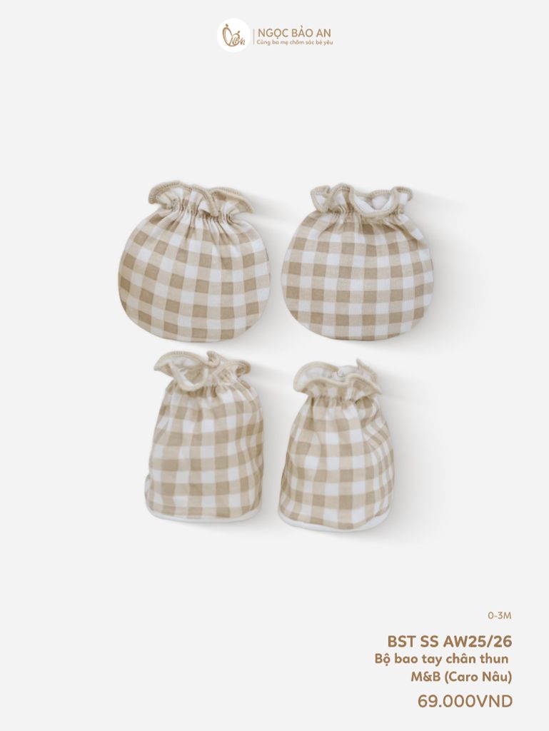 [M&B] Bộ bao tay chân thun cotton sơ sinh họa tiết caro nâu