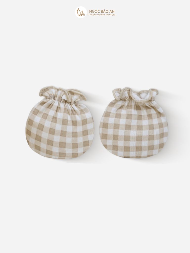 [M&B] Bộ bao tay chân thun cotton sơ sinh họa tiết caro nâu
