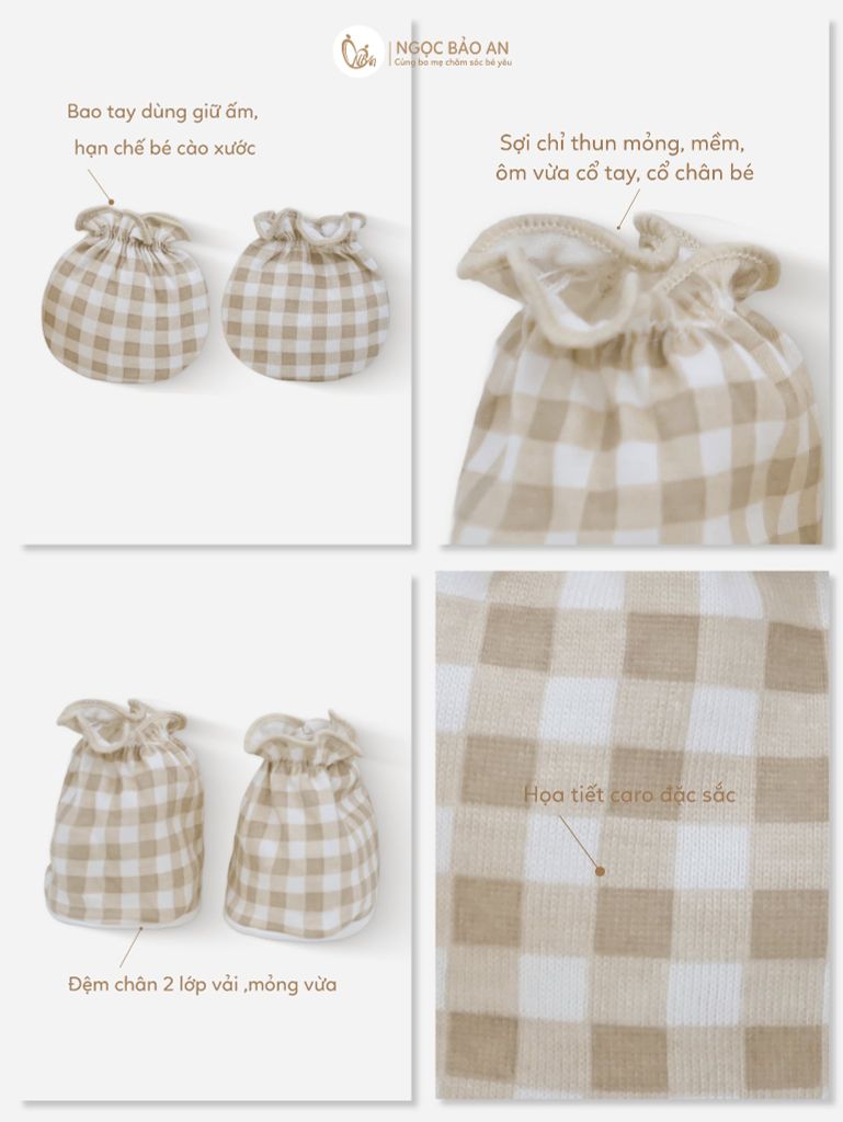 [M&B] Bộ bao tay chân thun cotton sơ sinh họa tiết caro nâu