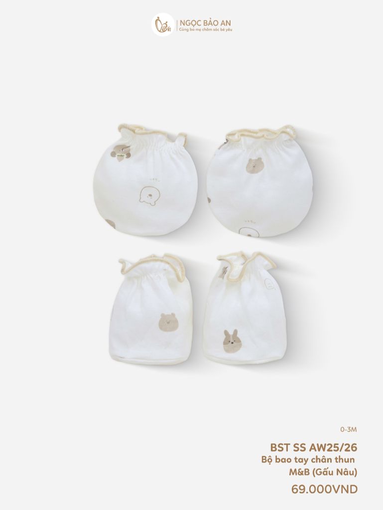 [M&B] Bộ bao tay chân thun cotton sơ sinh họa tiết gấu thỏ nâu