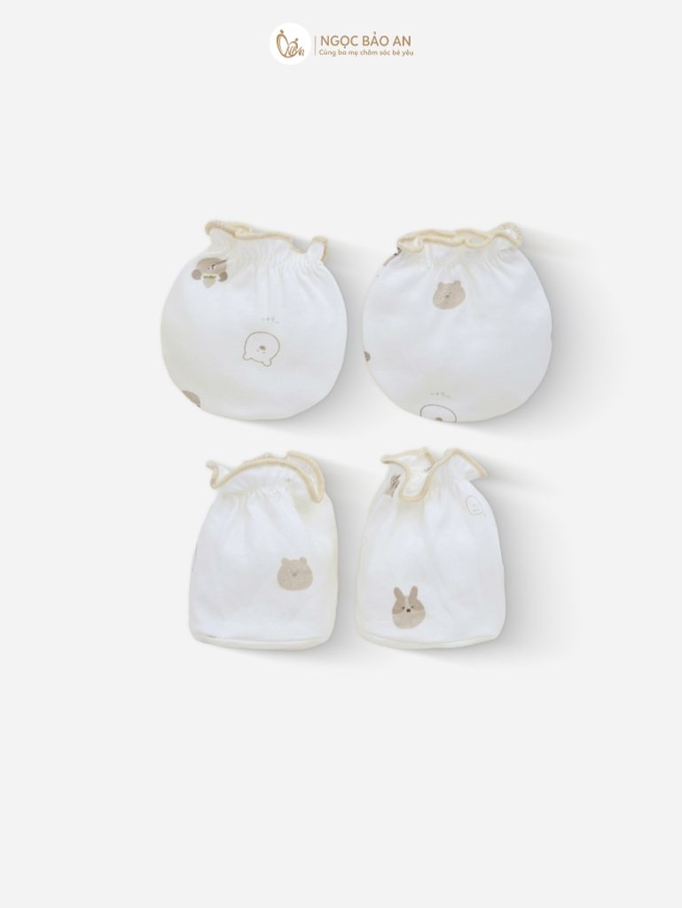 [M&B] Bộ bao tay chân thun cotton sơ sinh họa tiết gấu thỏ nâu