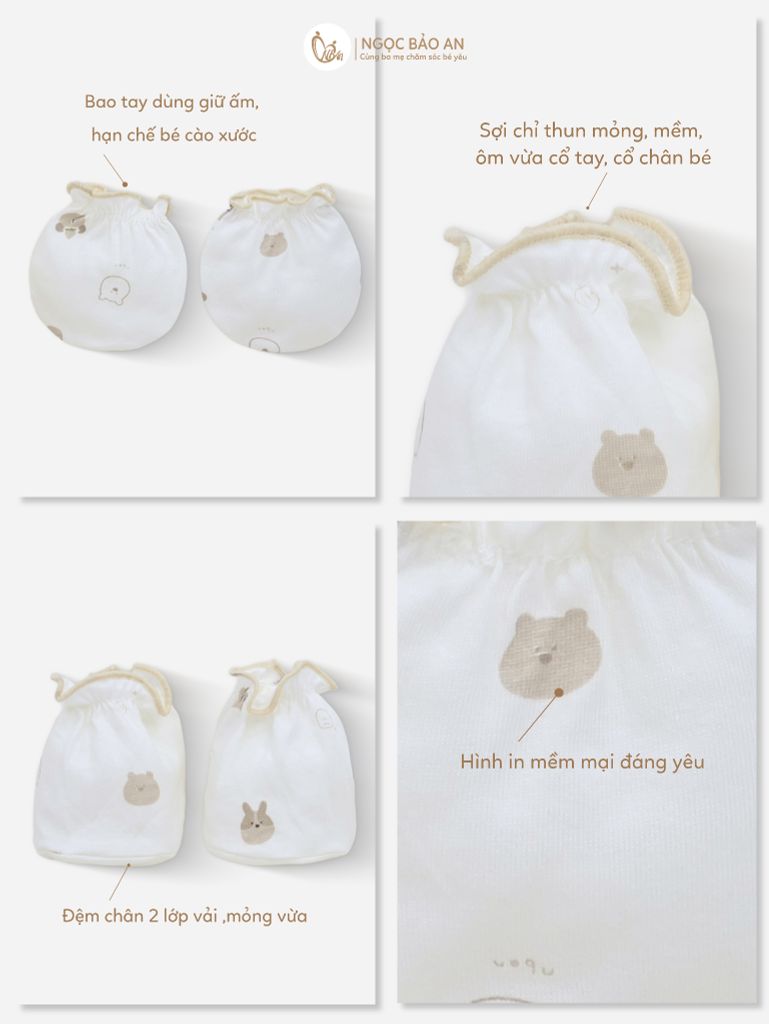 [M&B] Bộ bao tay chân thun cotton sơ sinh họa tiết gấu thỏ nâu