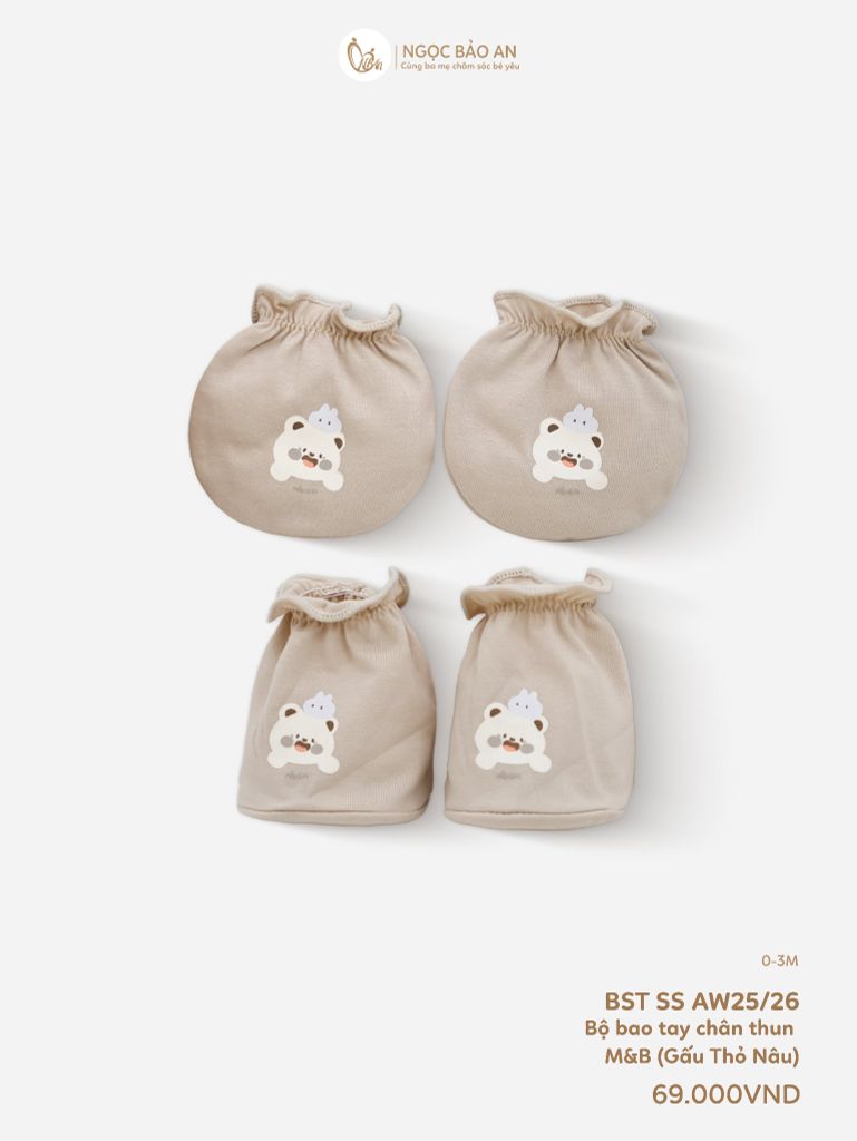 [M&B] Bộ bao tay chân thun cotton sơ sinh họa tiết gấu nâu