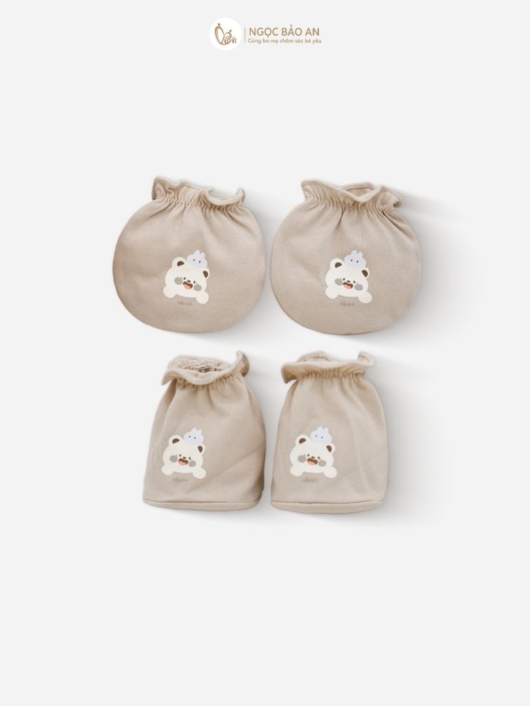 [M&B] Set nón bao tay chân thun cotton sơ sinh gấu thỏ nâu