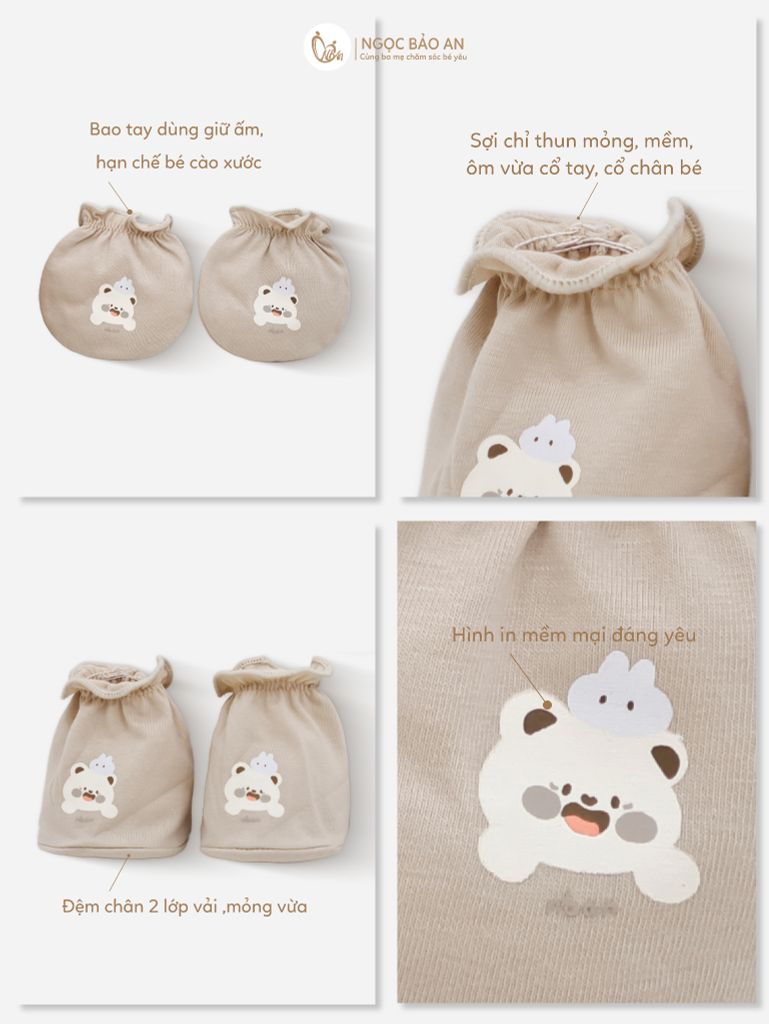 [M&B] Set nón bao tay chân thun cotton sơ sinh gấu thỏ nâu