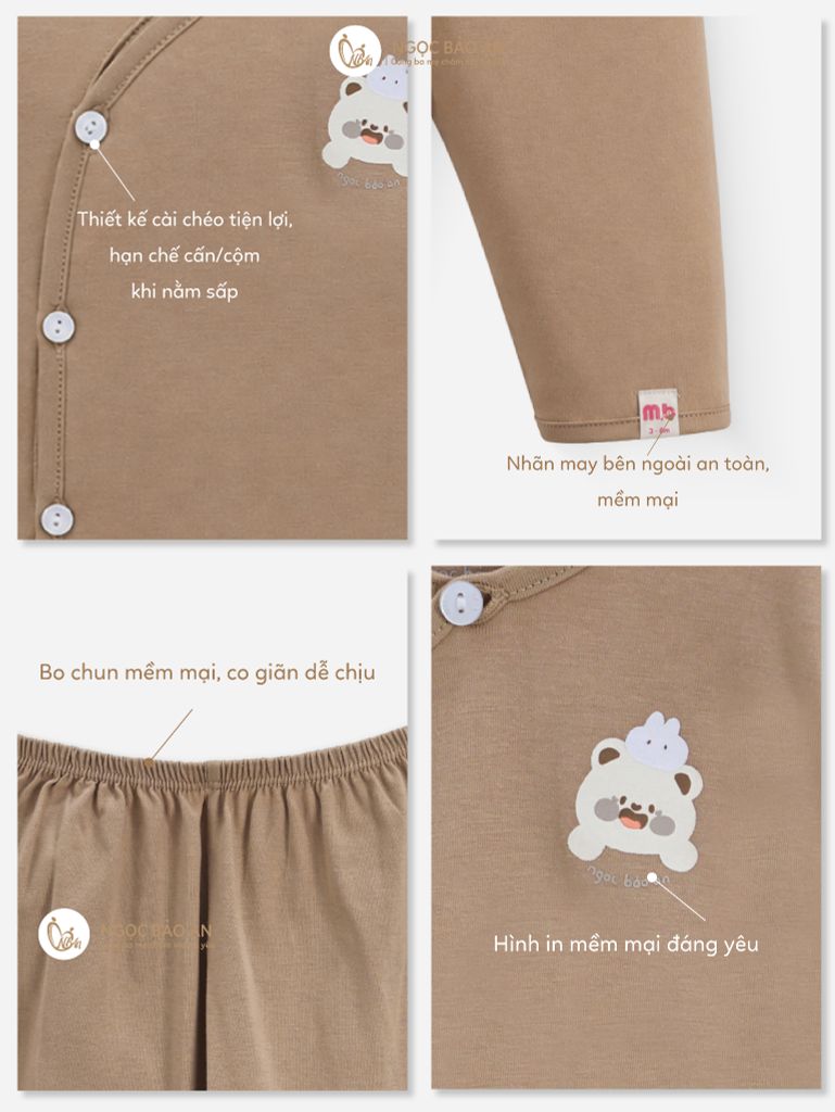[M&B] Bộ tay dài cài bên cotton gấu thỏ nâu