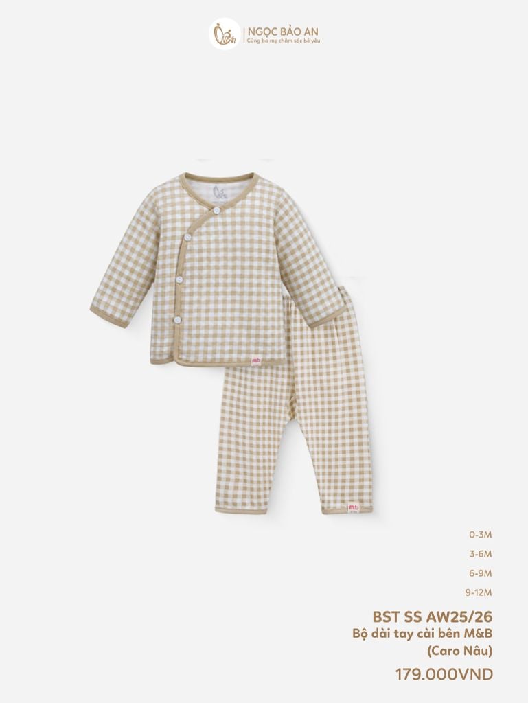 [M&B] Bộ tay dài cài bên cotton caro nâu