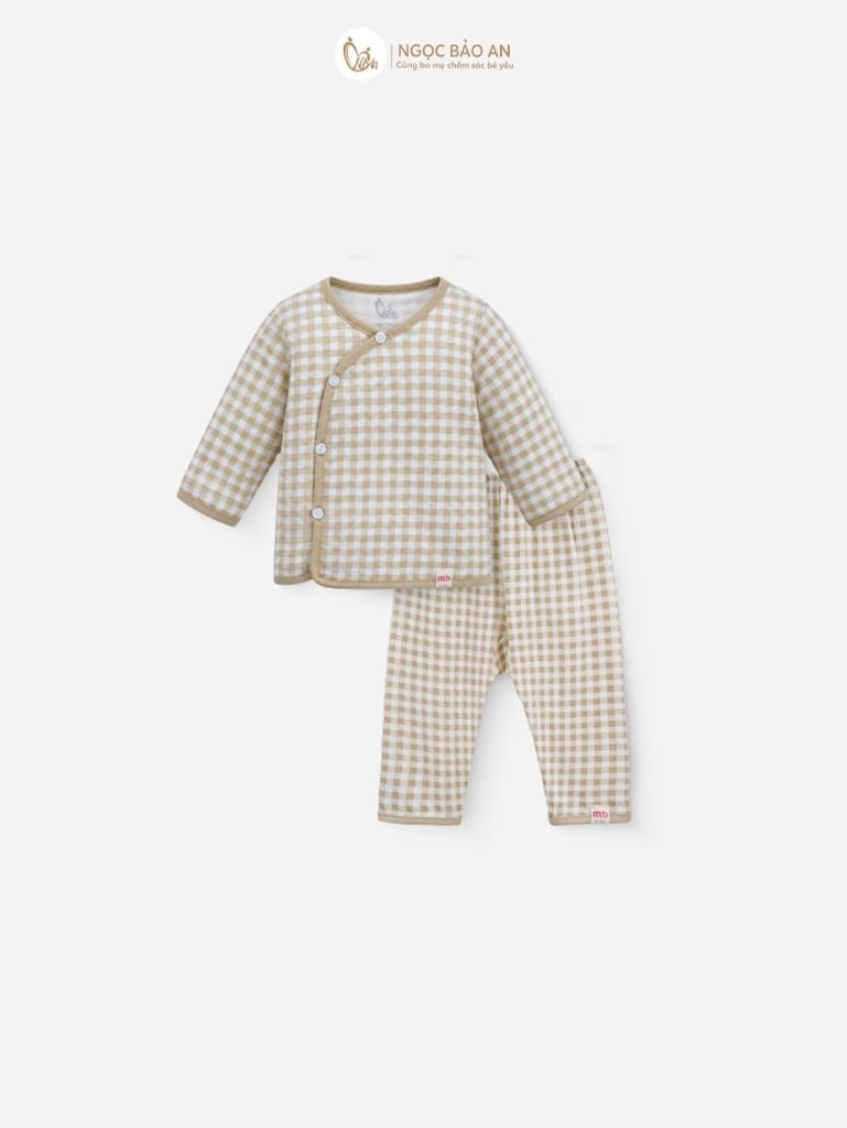 [M&B] Bộ tay dài cài bên cotton caro nâu