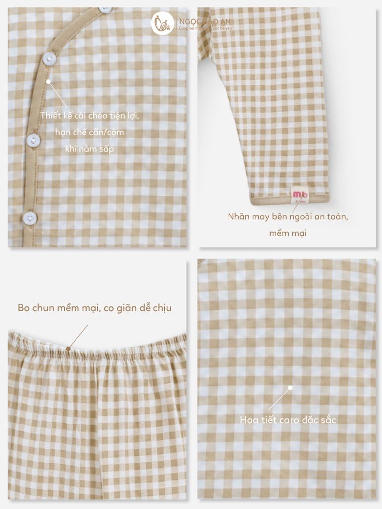 [M&B] Bộ tay dài cài bên cotton caro nâu