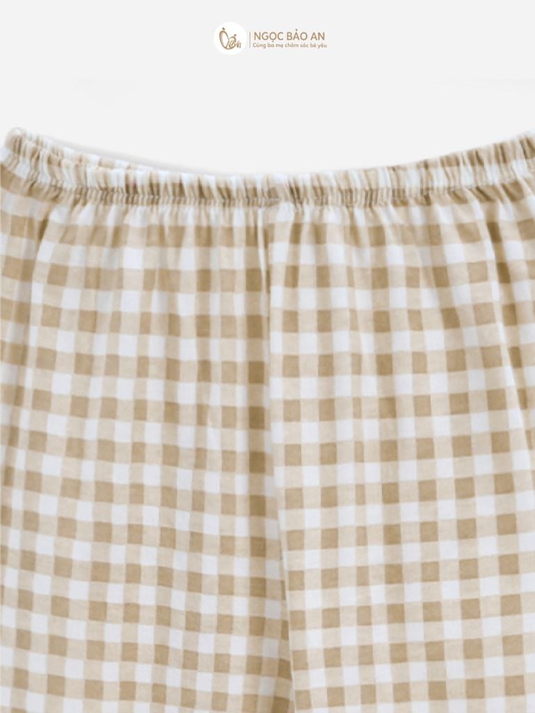 [M&B] Bộ tay dài cài bên cotton caro nâu