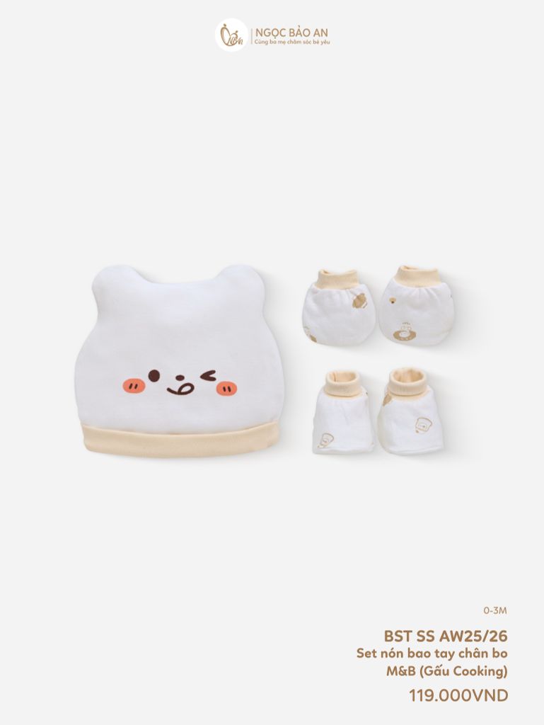 [M&B] Set nón bao tay chân bo cotton sơ sinh gấu cooking