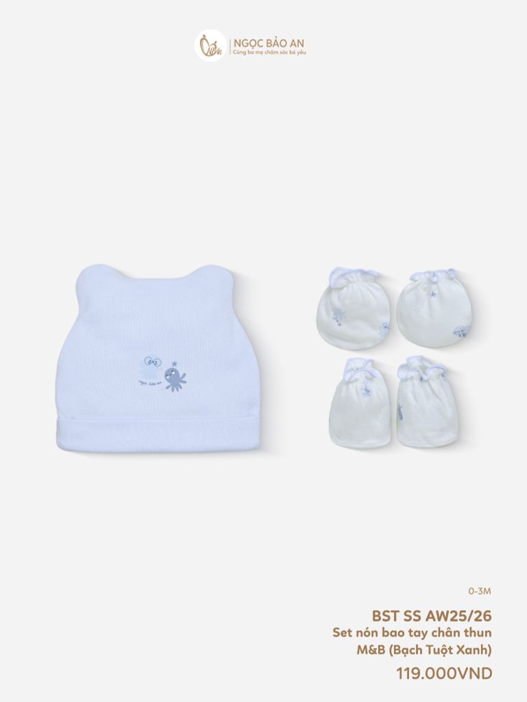 [M&B] Set nón bao tay chân thun cotton sơ sinh bạch tuộc xanh