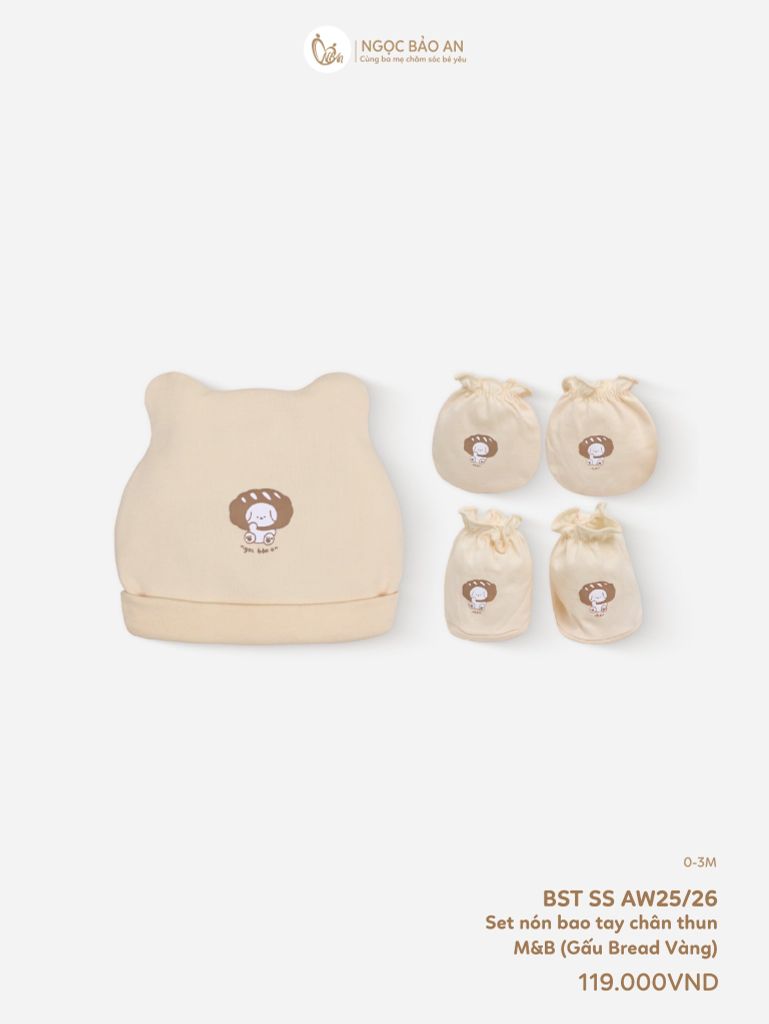 [M&B] Set nón bao tay chân thun cotton sơ sinh gấu bread vàng