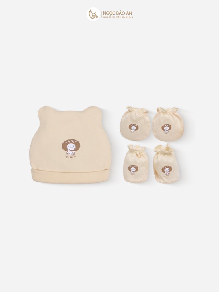 [M&B] Set nón bao tay chân thun cotton sơ sinh gấu bread vàng