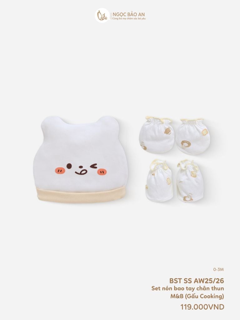 [M&B] Set nón bao tay chân cotton thun sơ sinh gấu cooking