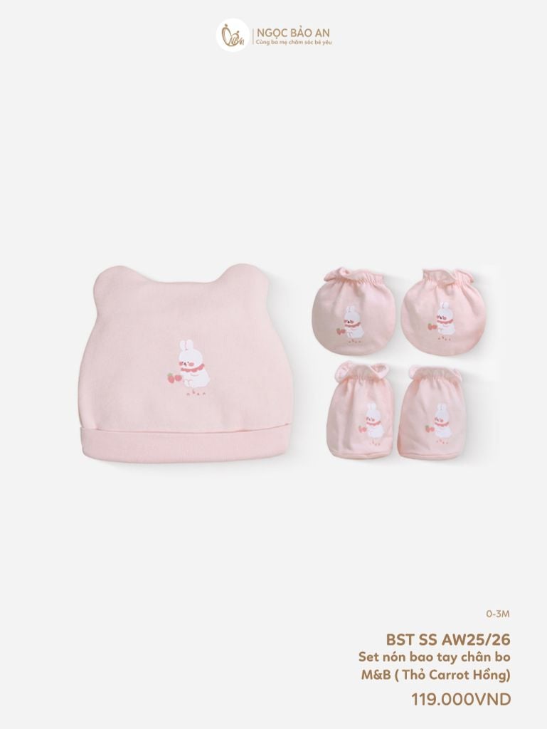 [M&B] Set nón bao tay chân thun cotton sơ sinh thỏ carrot hồng