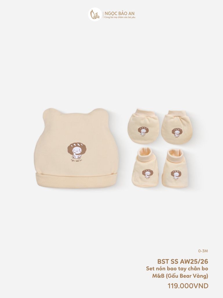 [M&B] Set nón bao tay chân bo cotton sơ sinh gấu bread vàng