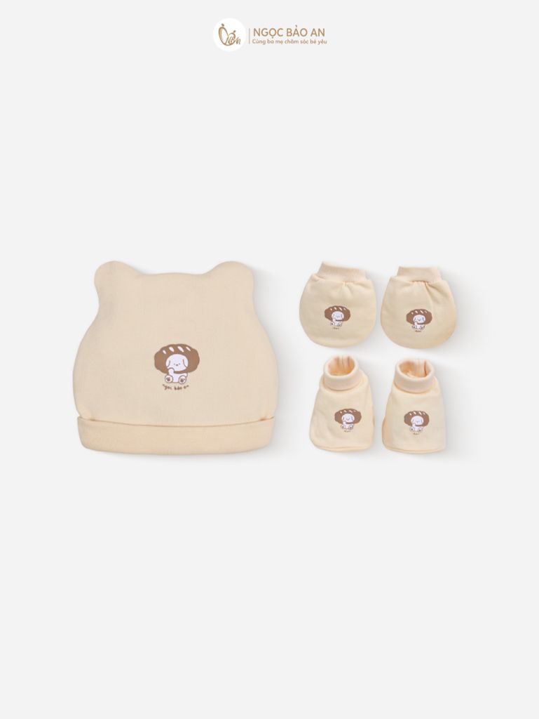 [M&B] Set nón bao tay chân bo cotton sơ sinh gấu bread vàng