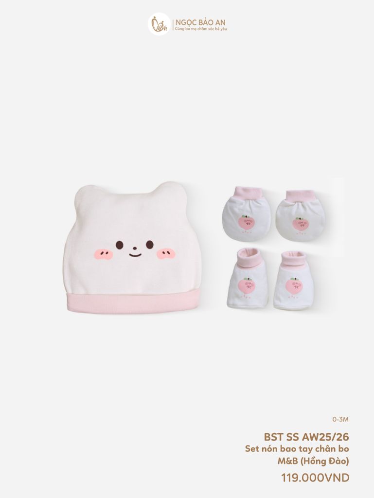 [M&B] Set nón bao tay chân bo cotton sơ sinh hồng đào