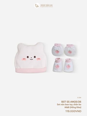 [M&B] Set nón bao tay chân bo cotton sơ sinh hồng đào