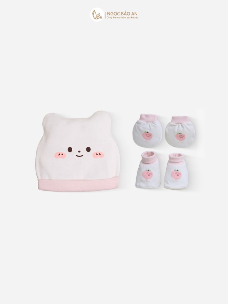 [M&B] Set nón bao tay chân bo cotton sơ sinh hồng đào