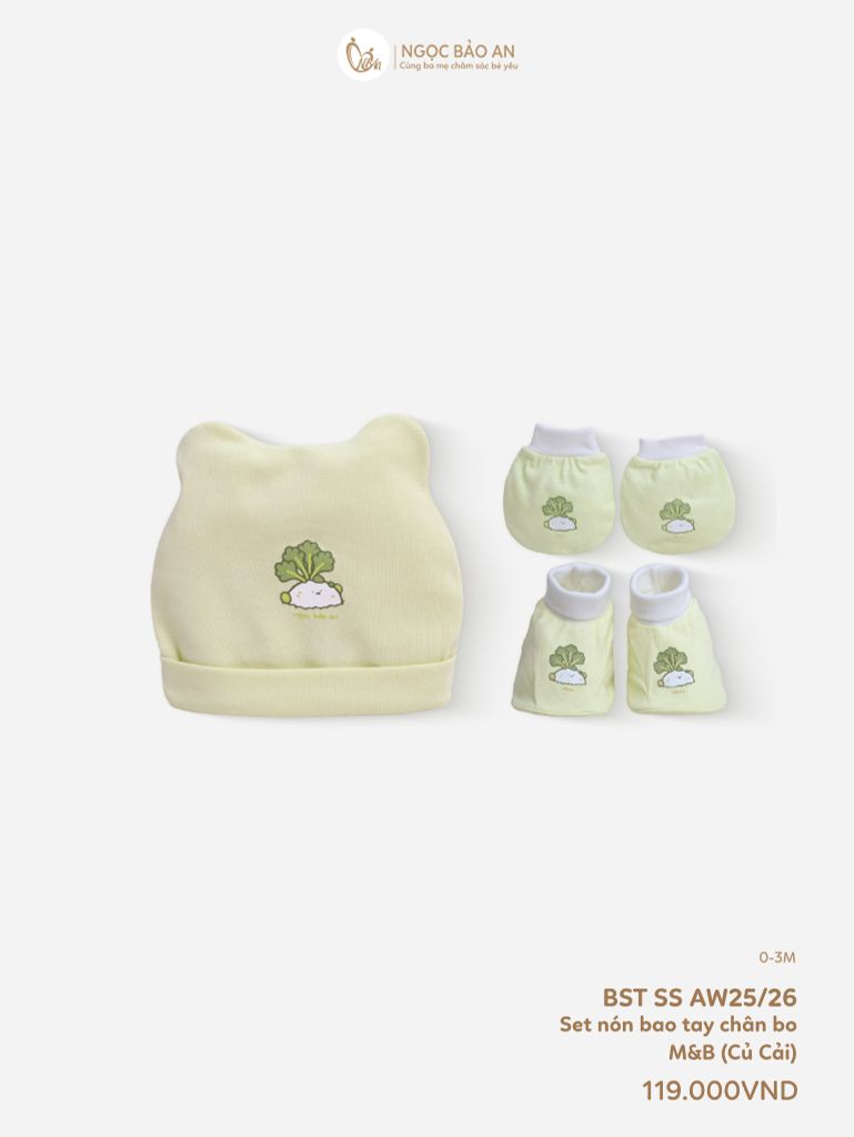 [M&B] Set nón bao tay chân bo cotton sơ sinh củ cải
