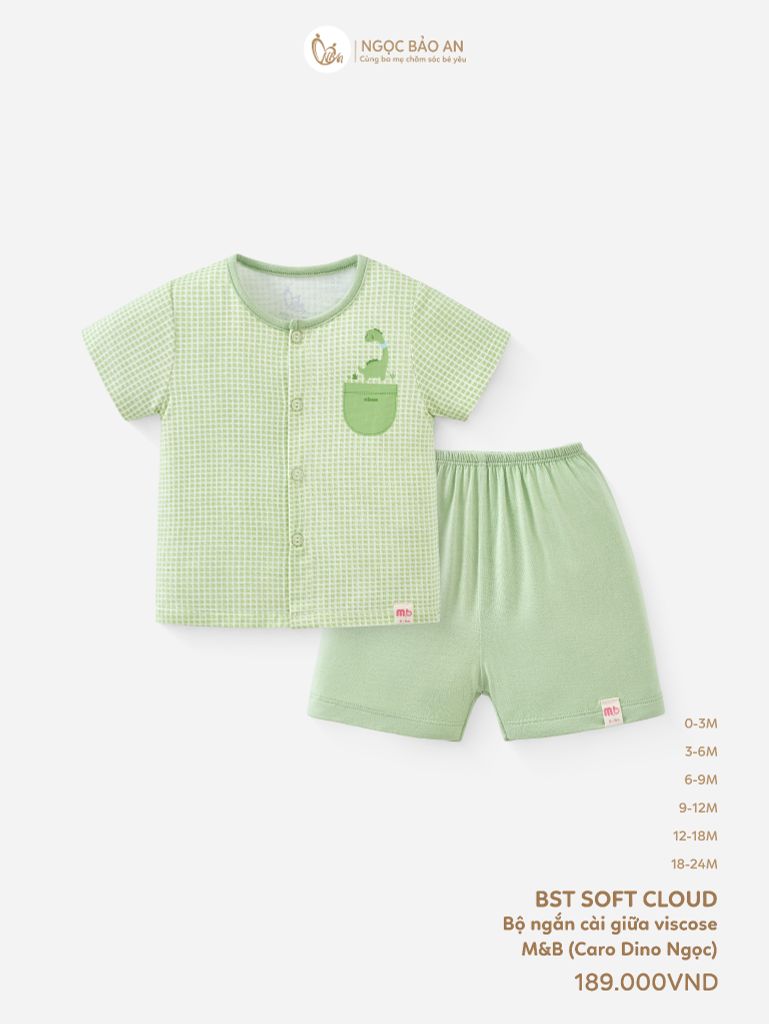 [M&B] Bộ tay ngắn cài giữa caro dino ngọc (0-24m)