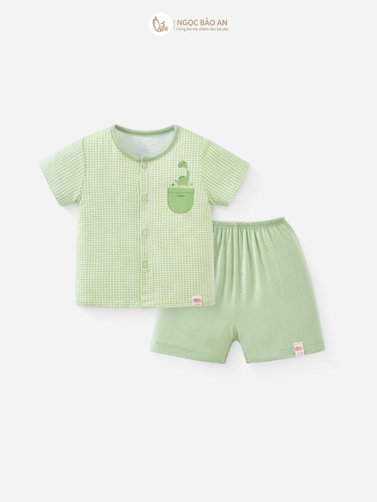 [M&B] Bộ tay ngắn cài giữa caro dino ngọc (0-24m)