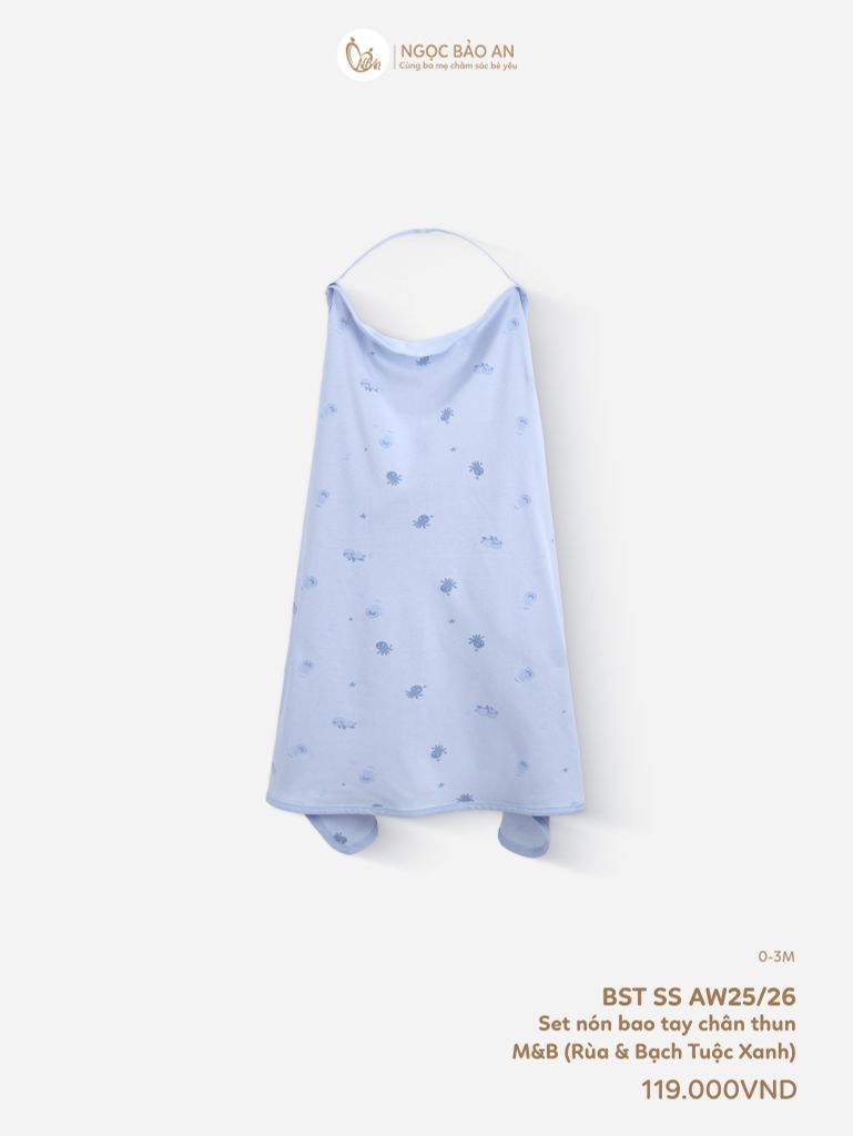 [M&B] Khăn choàng đa năng cotton họa tiết rùa & bạch tuộc xanh 85x100cm