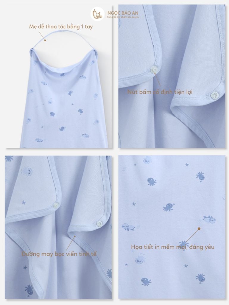 [M&B] Khăn choàng đa năng cotton họa tiết rùa & bạch tuộc xanh 85x100cm