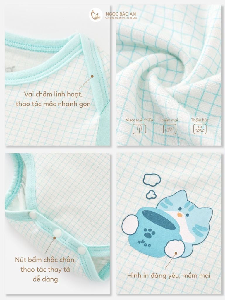 [M&B] CB2: Set bodysuit dáng dài + body đùi tay ngắn + bodychip tay ngắn Cat Mint (NB-3m)