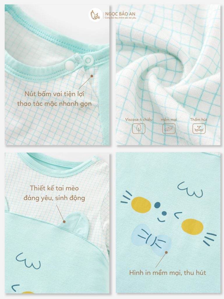 [M&B] CB2: Set bodysuit dáng dài + body đùi tay ngắn + bodychip tay ngắn Cat Mint (NB-3m)