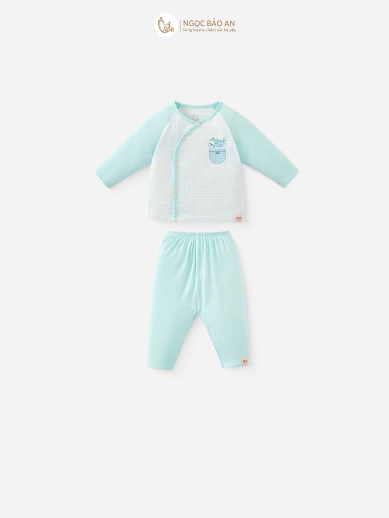 [M&B] Bộ tay dài cài bên caro cat mint (NB-24m)