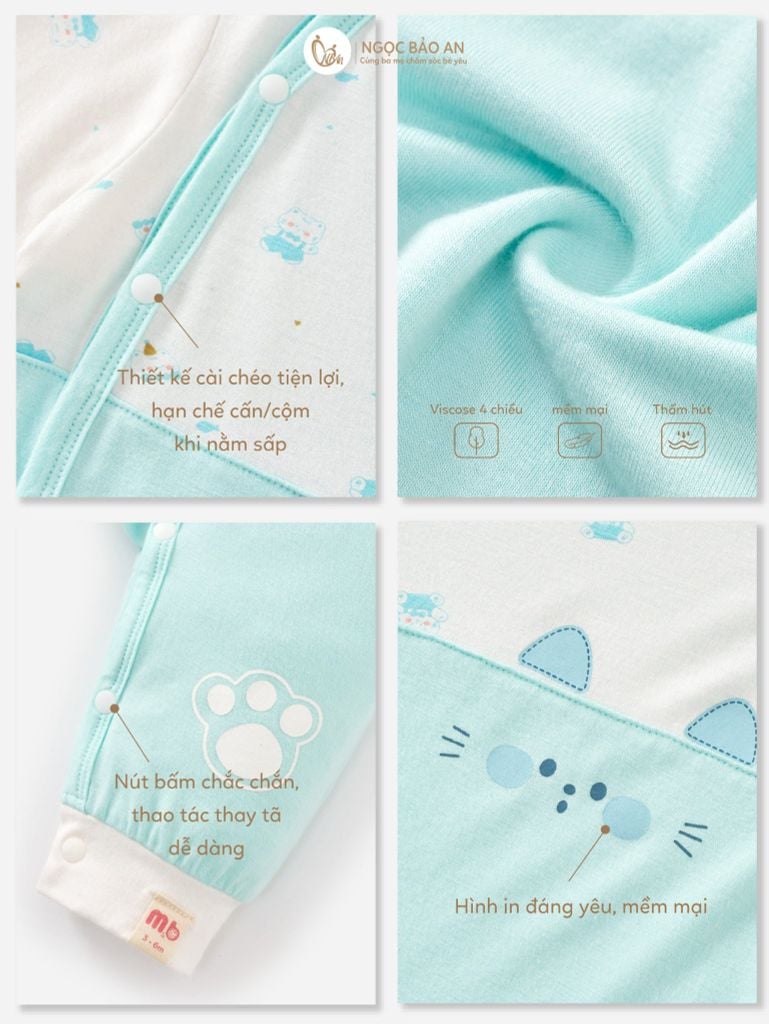 [M&B] CB2: Set bodysuit dáng dài + body đùi tay ngắn + bodychip tay ngắn Cat Mint (NB-3m)