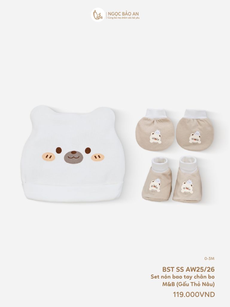 [M&B] Set nón bao tay chân bo cotton sơ sinh gấu thỏ nâu