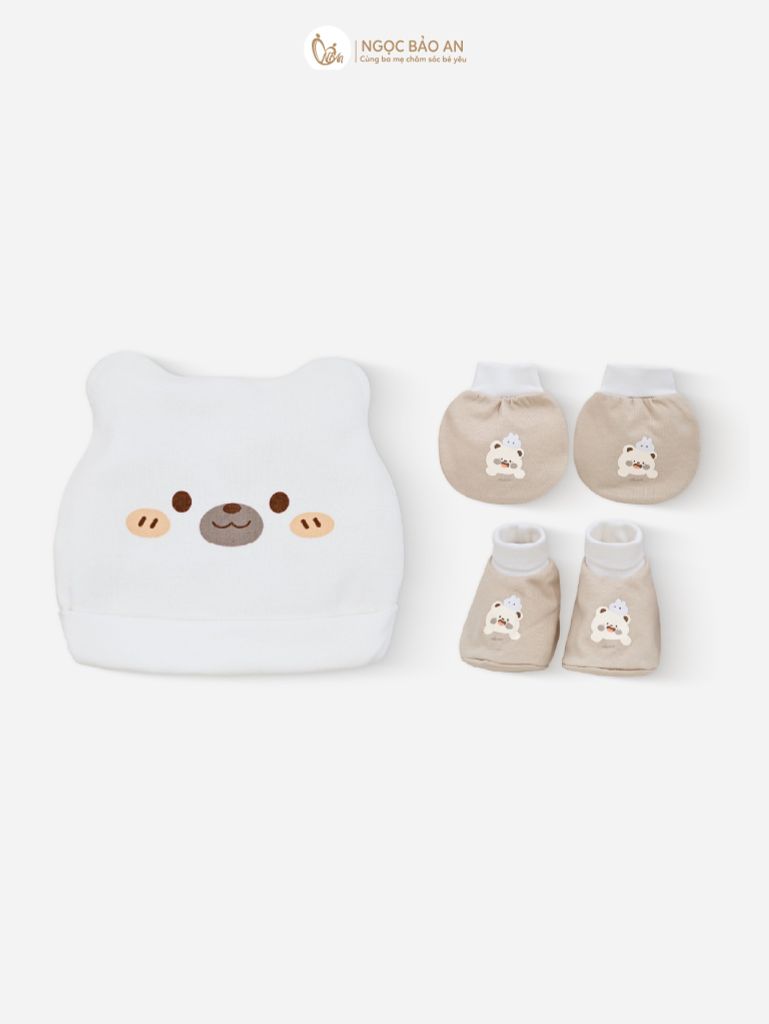 [M&B] Set nón bao tay chân bo cotton sơ sinh gấu thỏ nâu