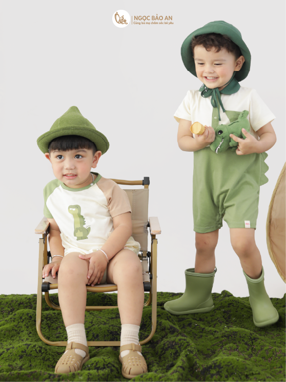 [M&B] BST DINO: Set bodychip + nón cột dây M&B cotton bé trai (Lilo Roco)