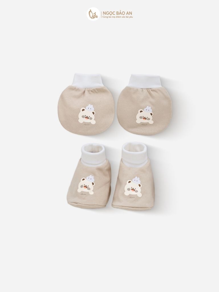 [M&B] Set nón bao tay chân bo cotton sơ sinh gấu thỏ nâu