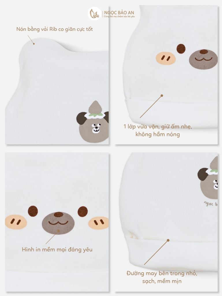 [M&B] Set nón bao tay chân bo cotton sơ sinh gấu dâu