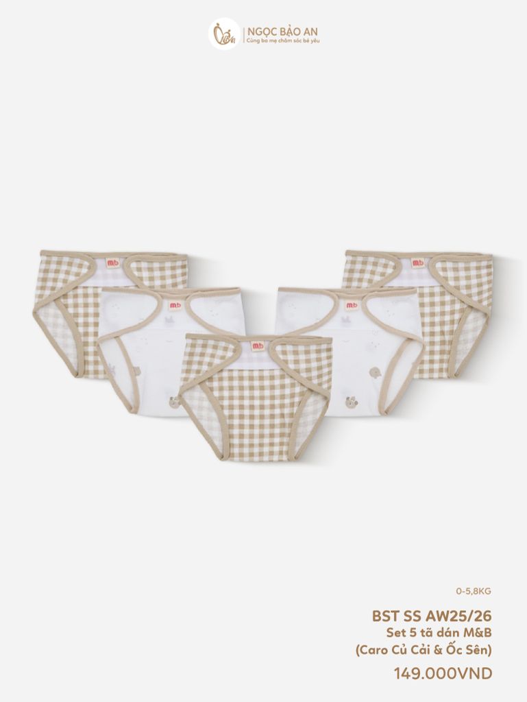 [M&B] Tã dán sơ sinh cotton caro gấu nâu
