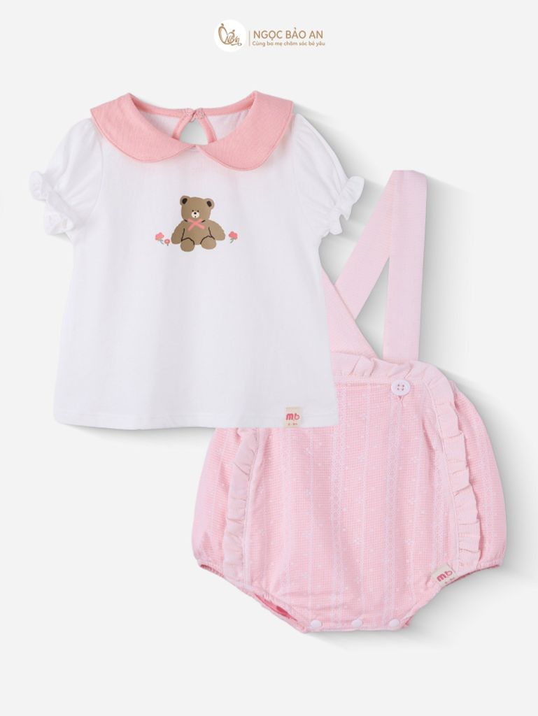 [M&B] BST PINK GIRL: Set áo+yếm bé Gái M&B cotton (Gấu Hồng)