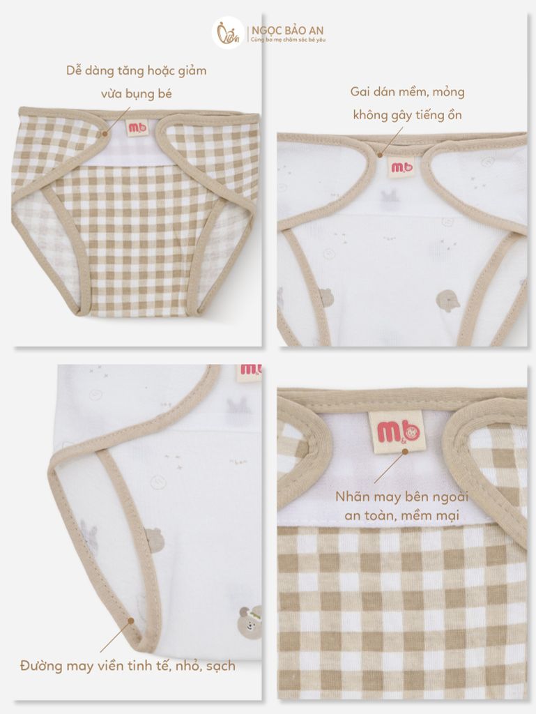 [M&B] Tã dán sơ sinh cotton caro gấu nâu