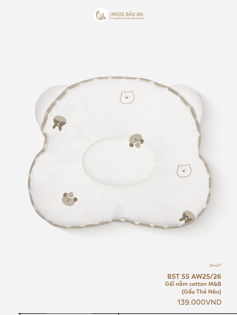 [M&B] Gối nằm cotton hình mặt gấu họa tiết gấu thỏ nâu 24x27cm